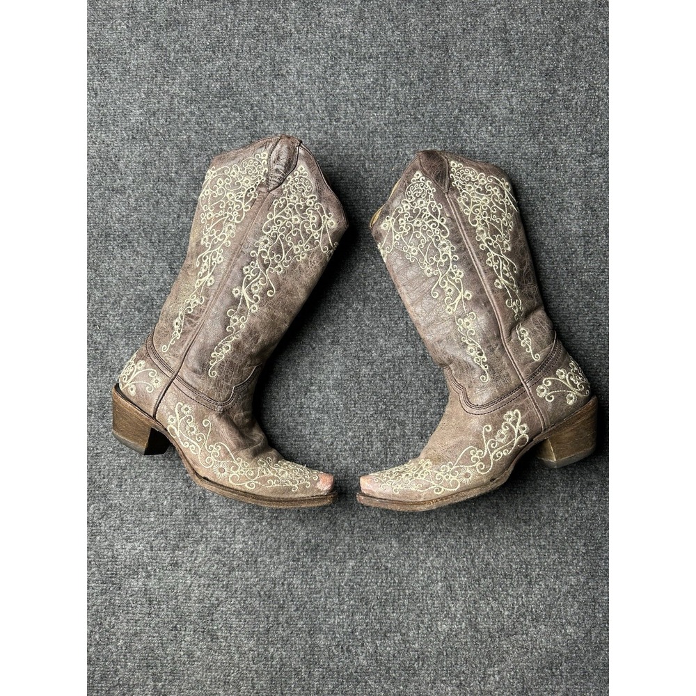 Womens Cowboy Boots Corral Brown Floral Embroidered Leather, Size US 6 M